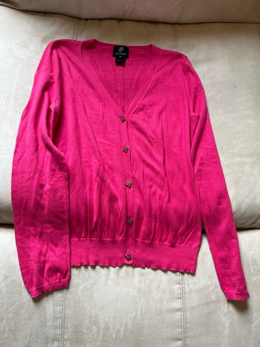 Pink Tartan Hot Pink V-Neck Pima Cotton Cardigan with Logo Flower Button